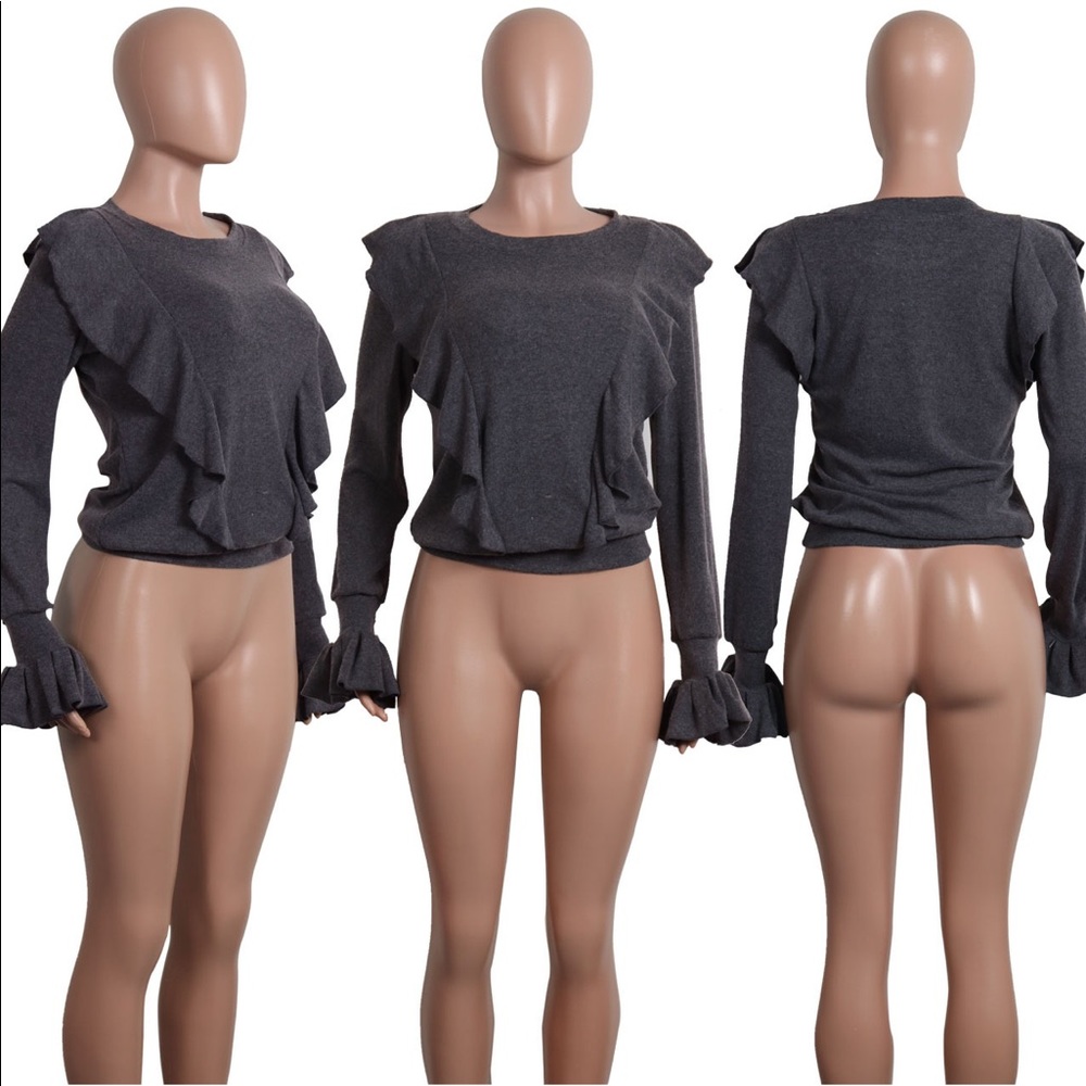 Abagal Gray Ruffle Bell Sleeve Sweater Top - Picture 6 of 6